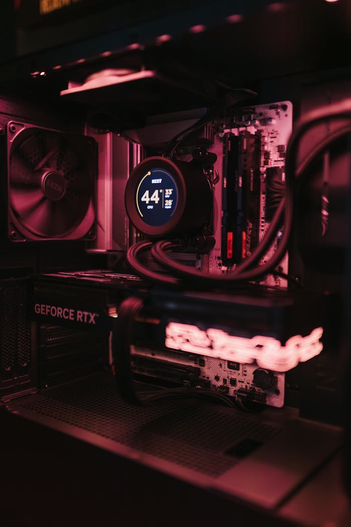Services Detailed view of a gaming PC build showcasing high-performance components and cooling system.