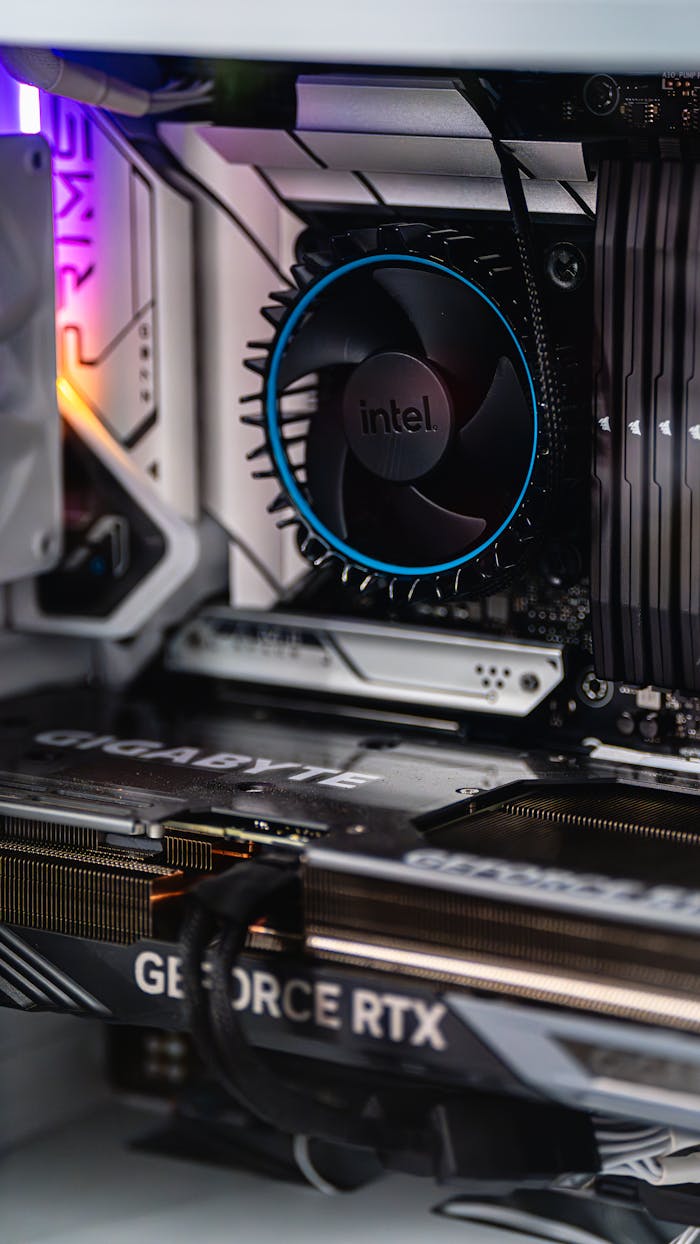 Close-up of a gaming PC showcasing GeForce RTX graphics card and Intel CPU fan.